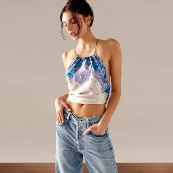 FREE PEOPLE For The Night Silver-Chain-Strap Open Back-Tie Satin Cami-Lg NWT - Picture 3 of 10